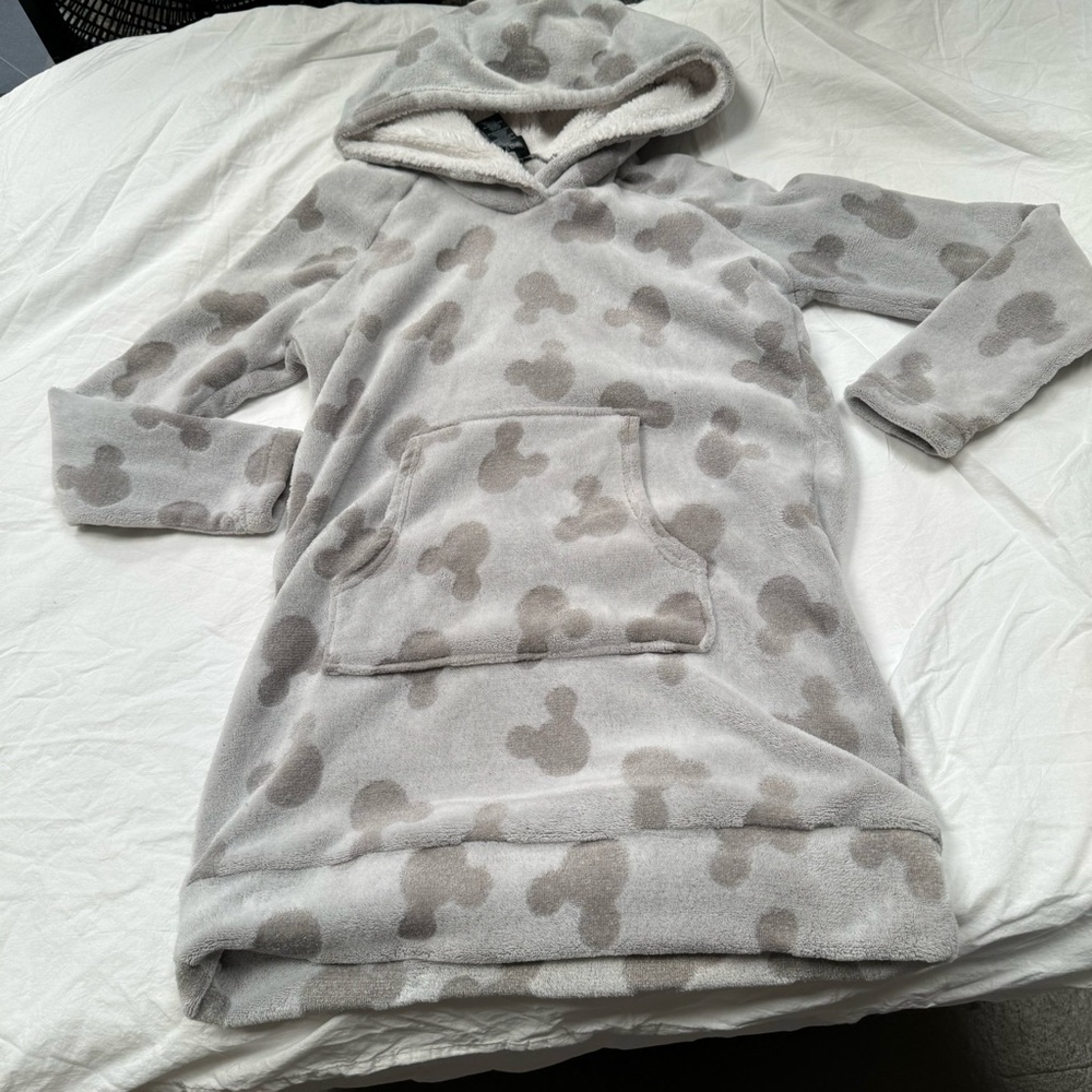 Disney Mickey Mouse fleece hoodie tunic top dress pockets gray women's small